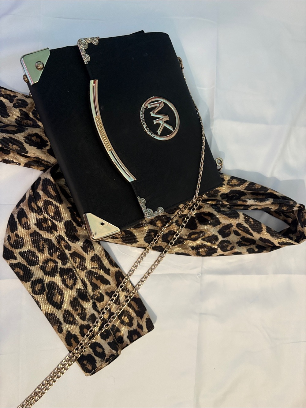 Michael Kors Black Crossbody Box Bag with Gold Hardware and Leopard Scarf